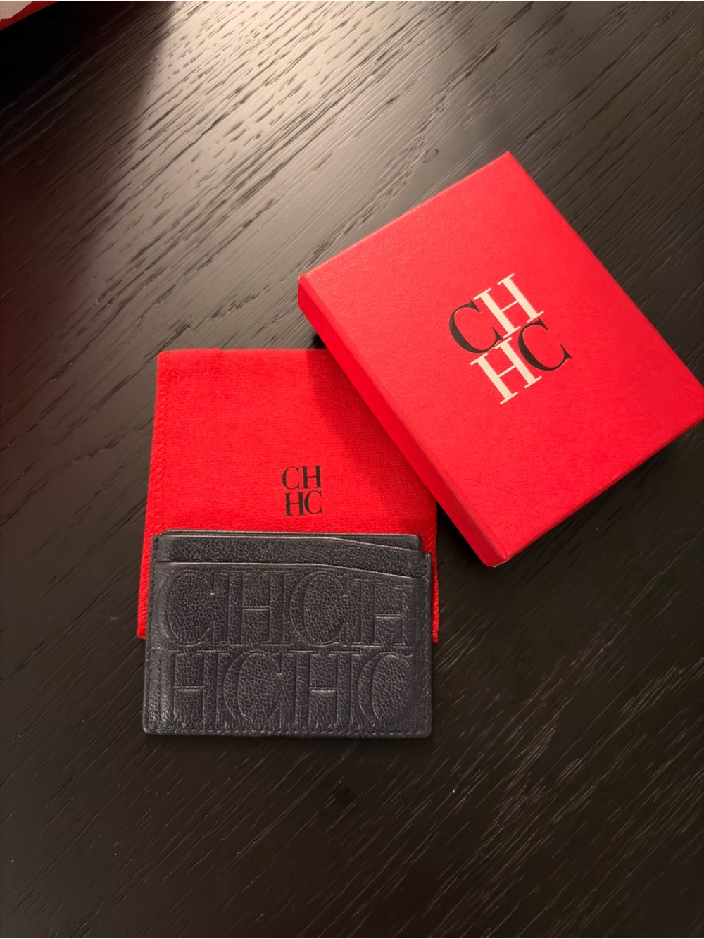 Carolina Herrera Black Embossed Leather Card & Key Holder with Red Branded Pouch
